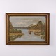 Painting on canvas depicting a lake surrounded by reeds and trees. The artwork is presented in a ...
