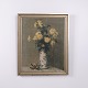 Painting on canvas depicting flowers arranged in a vase. The artwork is presented in a ...