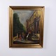 Painting on canvas depicting a city scene with a church and people. The artwork is presented in ...