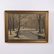 Oil painting on canvas depicting a winter landscape with forest and stream. The artwork is ...