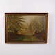 Oil painting on canvas depicting a forest with a path leading through the landscape towards a ...