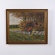 Oil painting on canvas depicting a landscape with a deer standing by a stone wall surrounded by ...