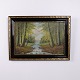 Oil painting on canvas depicting a forest landscape with a stream and trees. The painting is ...