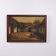 Painting depicting a traditional farmstead with courtyard, thatched buildings and chickens. An ...