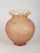 Elme Glasbruk, handmade glass vase.Spherical pink pressed glass vase with an elaborate ...