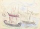 Jens Søndergaard, ships at sea.Pencil and watercolour drawing depicting ships at sea, ...