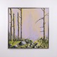 Painting on canvas depicting a forest scene with tall, slender trees and rocks in the ...