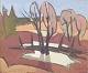 Swedish artist, oil on panel, 1960s/70s.Modernist landscape depicting trees and a body of ...