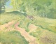 Olle Hjortzberg, landscape, oil on board, listed Swedish artist.Bright summer landscape with ...