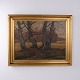 Oil painting on canvas depicting a forest landscape with large, gnarled trees and open nature in ...
