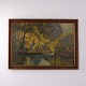 Oil painting on canvas depicting a forest landscape with trees and water in the foreground. The ...