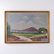 Oil painting on canvas depicting a landscape with a winding road, green fields, water, a hill in ...