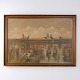 Oil painting on canvas depicting a wetland with water, reeds and a white and brown spotted dog ...