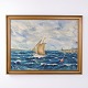 Oil painting on canvas depicting a sailing boat on rough seas beneath a cloudy sky. A coastline ...