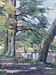 Oil painting on canvas, depicting a path by a lakeshore, indistinctly signed, 46 cm x 44 cm ...
