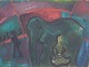 Modernist circus scene, oil on board, Danish artist.Expressive circus composition centred on ...