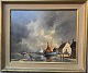 Framed painting on Masonite board, c. 1950. Depicts a bustling coastal scene in a small seaside ...
