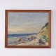 Vintage coastal landscape painting depicting a rocky shoreline and sea beneath a pale cloudy ...