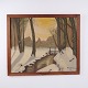Vintage landscape painting by Poul Steffensen, dated 1945. The scene depicts a snow-covered ...