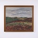 Vintage painting on canvas depicting an open heathland landscape with low hills, green areas and ...