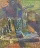 European artist, abstract oil on board, signed.Expressive abstract composition with ...