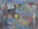 Göta Fogler, oil painting, listed Swedish artist.Modernist still life titled Flaskor och ...