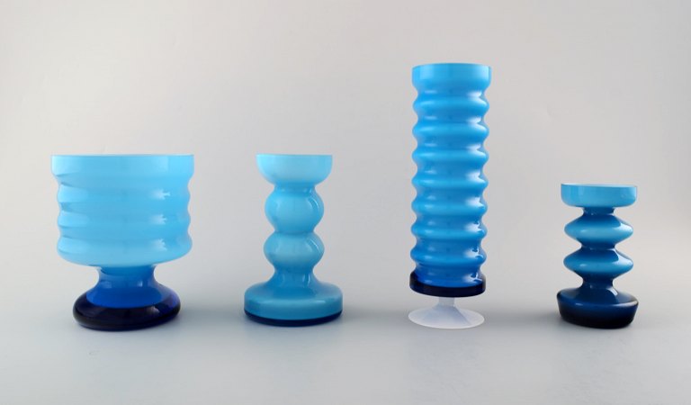 Collection of Swedish art glass, 4 turquoise vases in modern design.
