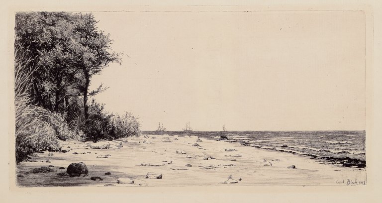 Carl Bloch (1834–1890). Radering af dansk kystparti med sejlbåde på havet. 
Hornbæk.