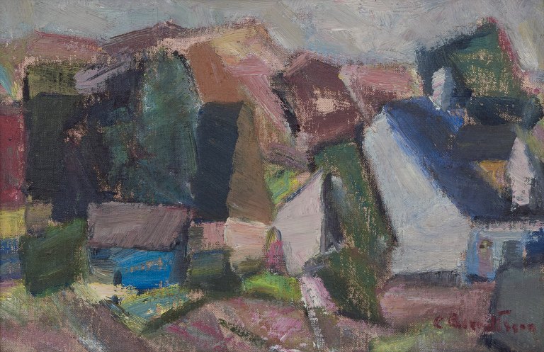 Carl Berndtsson (1902 - 1983), svensk maler. Olie på lærred. Abstrakt landskab. 
Koloristisk palette.