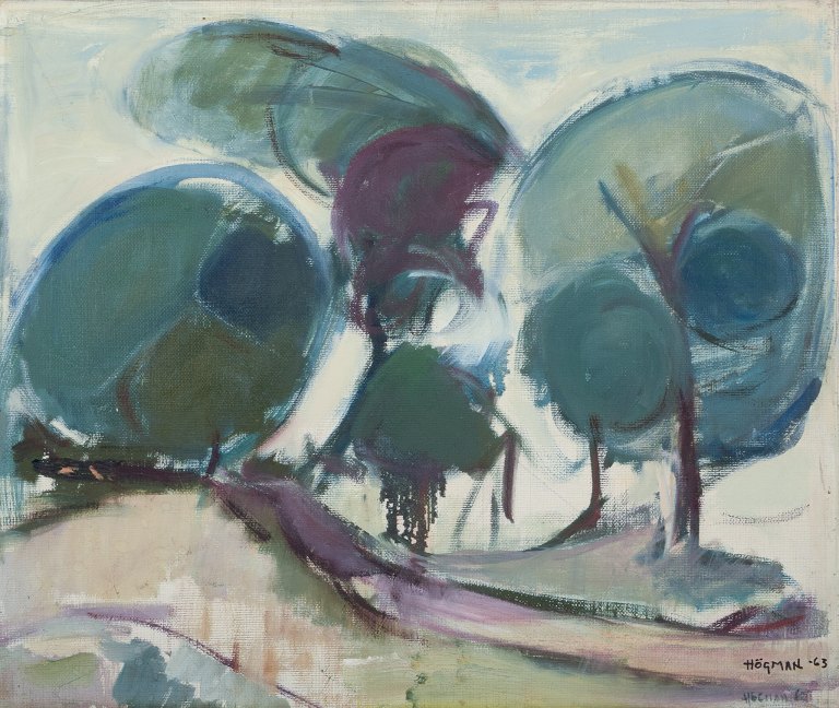 Ragnar Högman (1891-1976), Swedish artist. Oil on canvas.
Abstract landscape with trees and rolling hills.