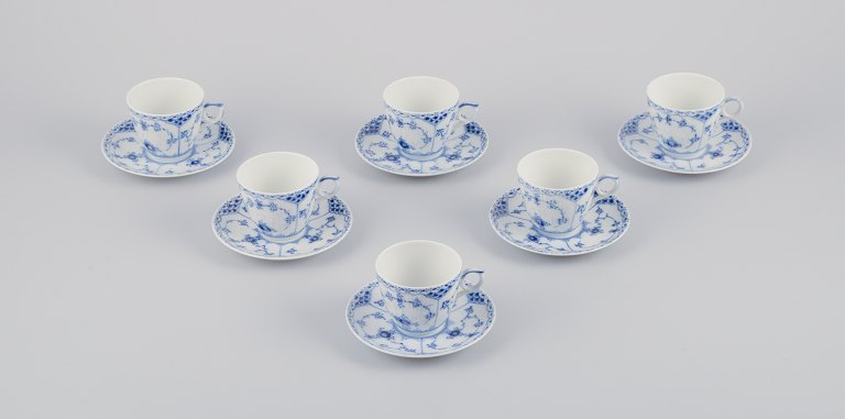 Royal Copenhagen Blue Fluted Half Lace, six pairs of coffee cups.