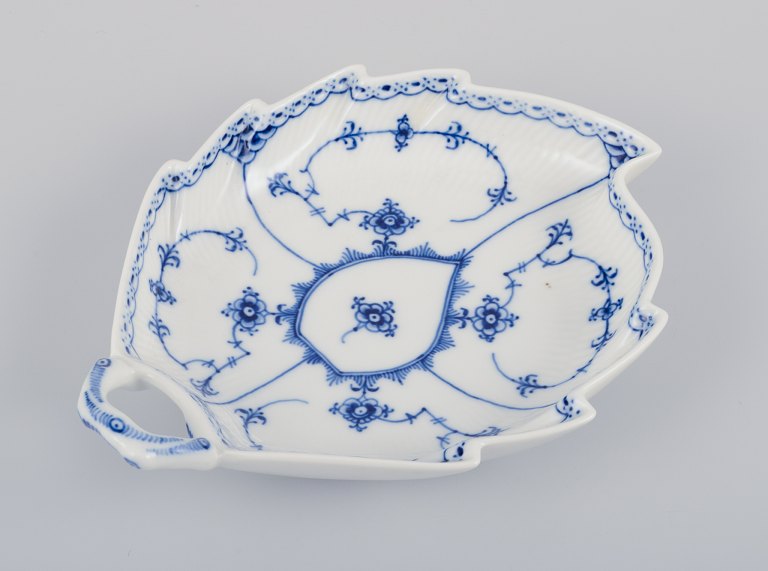 Royal Copenhagen Blue Fluted Half Lace, leaf-shaped dish with handle.