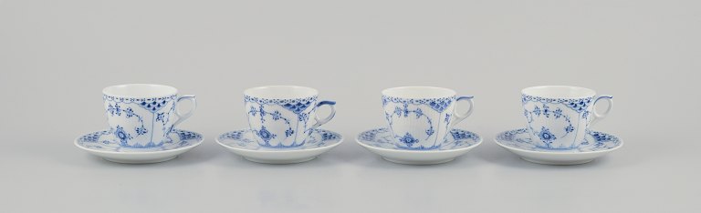 Royal Copenhagen Blue Fluted Half Lace, four pairs of coffee cups.