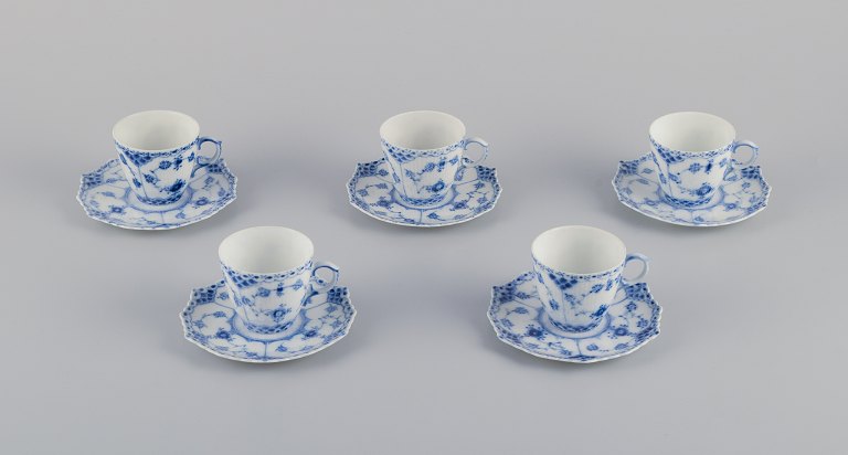 Royal Copenhagen Blue Fluted Full Lace. Five demitasse cups and saucers.