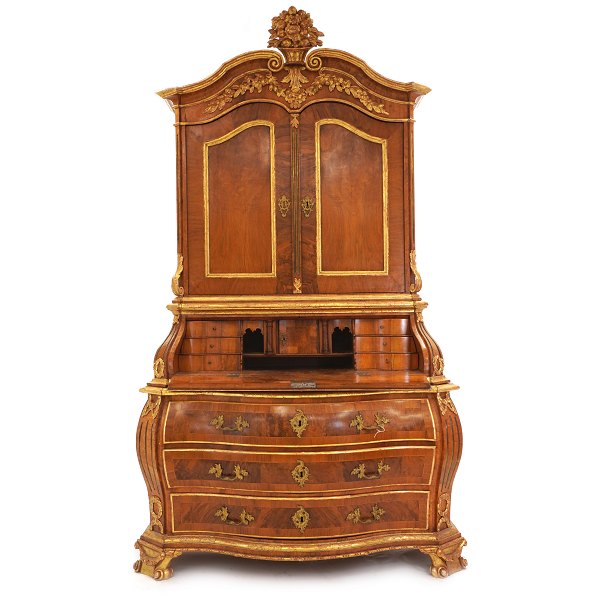 Danish Mid 18th century walnut and giltwood Rococo bureau. Denmark circa 1760. 
H: 248cm. W: 140cm. D: 70cm