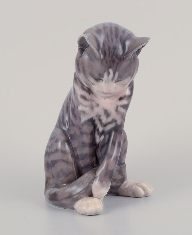 Erik Nielsen for Royal Copenhagen. Porcelain figurine of gray striped cat.