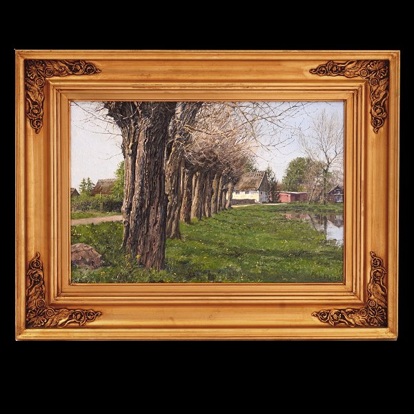 Ole Ring, 1902-72, oil on canvas. View from a village in Sjælland near Præstø. 
Signed Ole Ring. Visible size: 28x42cm. With frame: 43x57cm