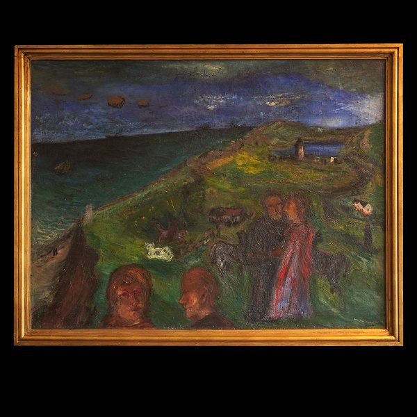 Jens Søndergaard, 1895-1957, oil on canvas. People and houses by the sea signed 
and dated 1928. Visbile size: 90x118cm. With frame: 101x129cm