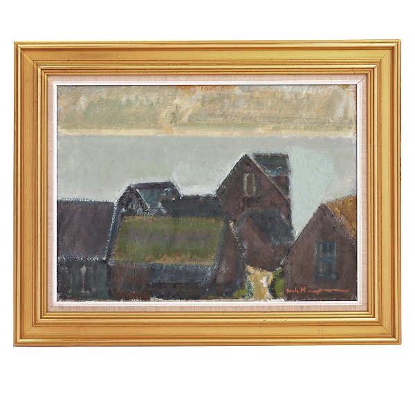 Jack Kampmann painting village, Faroe Islands. Jack Kampmann, 1914-89, oil on 
canvas. Signed Jack Kampmann. Size: 46x65cm. With frame: 66x85cm