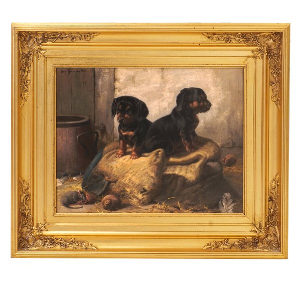 Simon Simonsen, 1841-1928, oil on canvas. Two dogs. Signed and dated 1889. 
Visible size: 31x39cm. With frame: 50x58cm