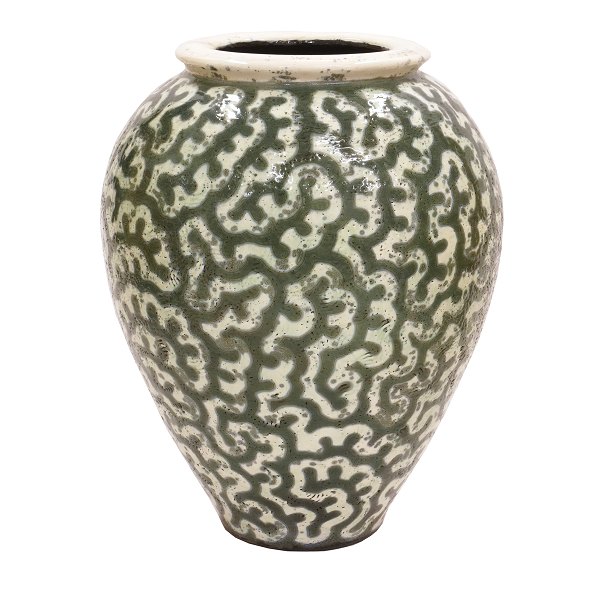 Large Per Weiss, Denmark, stoneware glazed vase with organic patterns. Signed. 
H: 55cm. D: 40cm