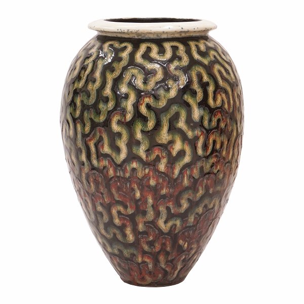 Large Per Weiss, Denmark, stoneware glazed vase with organic patterns. Signed. 
H: 65cm. D: 44cm