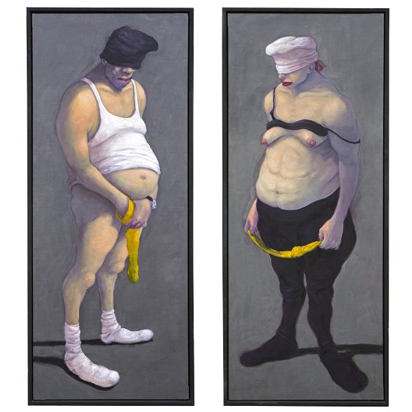 Michael Kvium, b. 1955, oil on canvas. "A Couple" dated 1995. Exhibited at the 
Artmuseum AroS, Aarhus, Denmark, 2006, at the exhibition "Jaywalking Eyes". 
Size: 200x80cm each