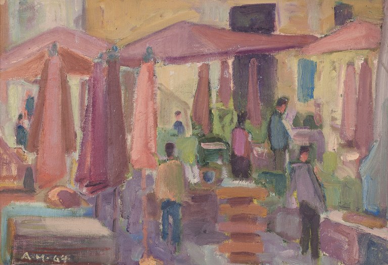 Aksel Møller (1909-1994), Danish artist. Oil on canvas.
Market scene with people from Catania, Sicily.