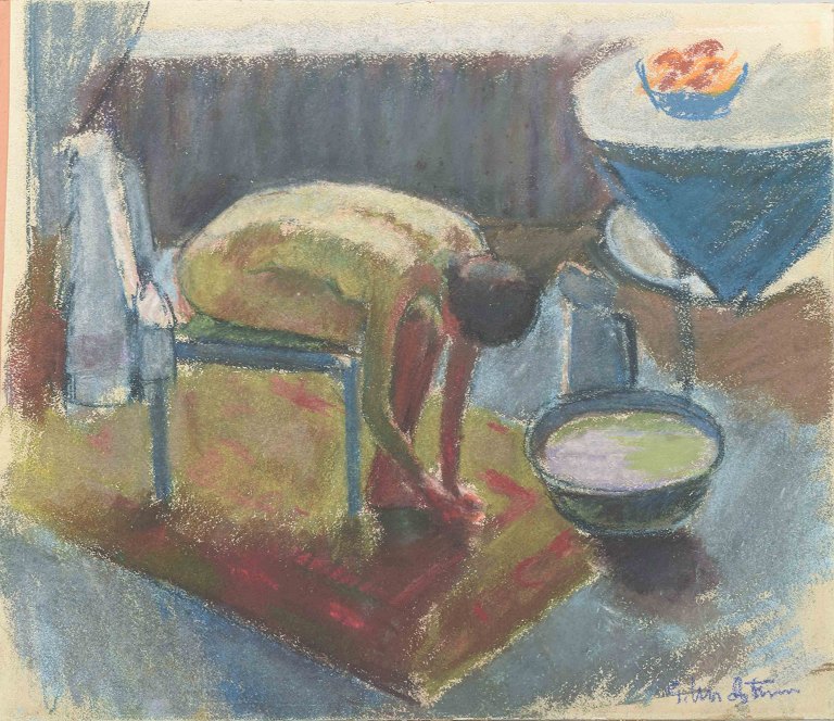 Scandinavian artist
Composition with seated figure by wash basin.
Crayon / pastel on paper.
