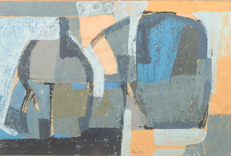 Unknown Scandinavian artist
Abstract composition.
Mixed media on paper, signed and dated “ie. 57”.