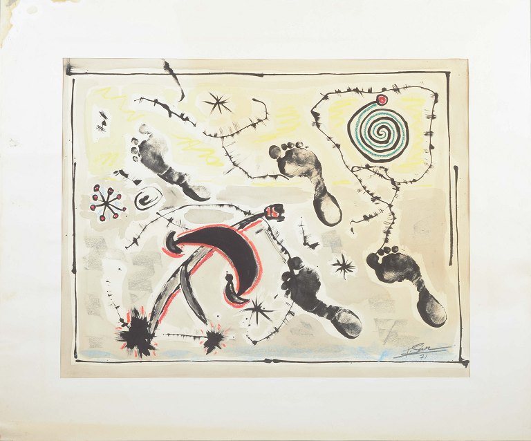 Unknown artist
Composition with footprints, spiral and abstract forms.
Mixed media on paper.