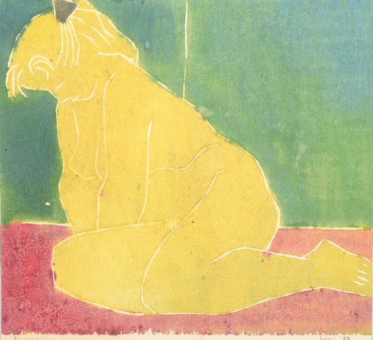 Bragi Ásgeirsson (1931–2016)
Study of a Nude.
Color woodcut in yellow, green, and red tones.