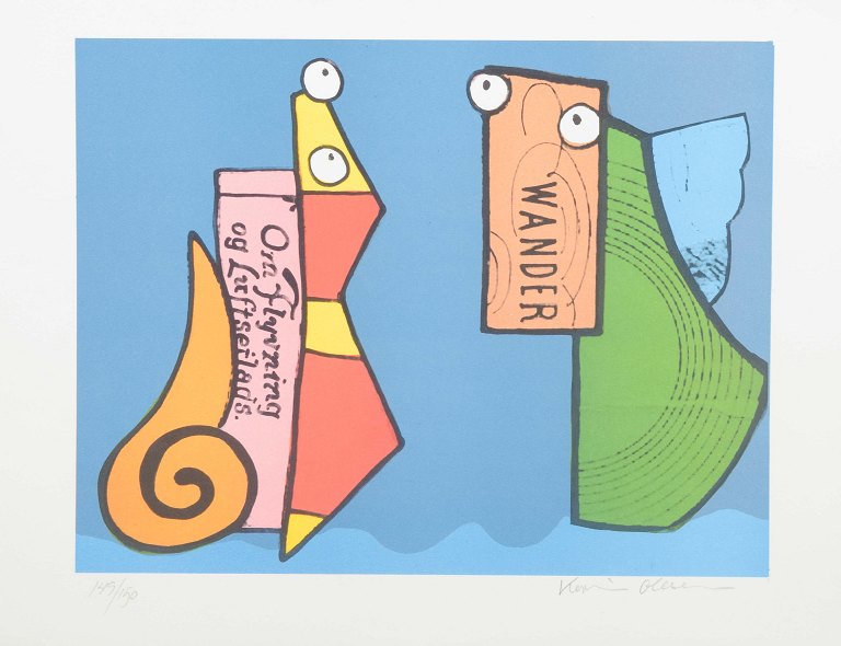 Karin Olesen
Color lithograph in bright tones, abstract composition with figures and text.