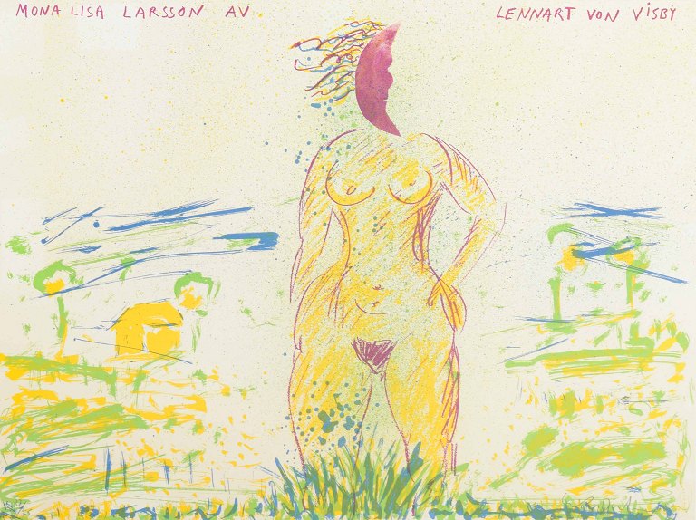 Female figure in an expressive landscape
Erik Dietman
"Mona Lisa Larsson"
Color lithograph.